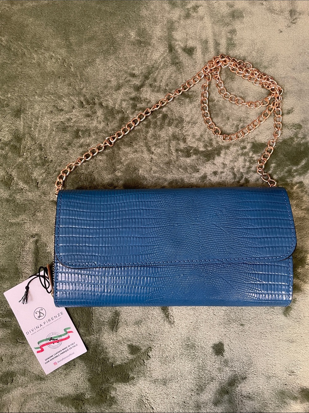 DIVINA FIRENZE Blue Croc-Embossed Chain Shoulder Bag Genuine Leather